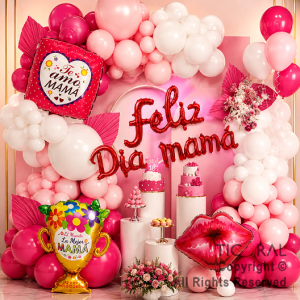 SET DE GLOBOS ARCO XL FELIZ DIA MAMA BESO Y CANASTA DE FLORES (GY 7429) 57 UNIDADES (XY04812)